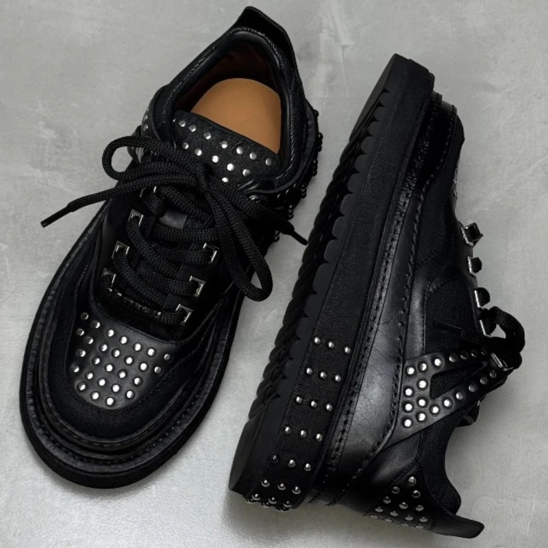 Genuine Leather Denim Casual Shoes for Men's British Original Metal Rivet Design Board Shoes Thick Sole Height Increasing Shoes