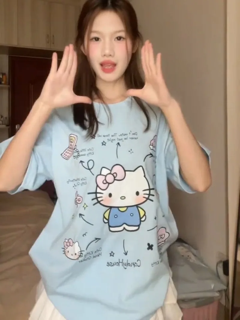 

100% Pure Cotton Sweet and Cute Hello Kitty Printed Short Sleeved T-shirt for Women Summer Loose Casual Round Neck Sky Blue Top