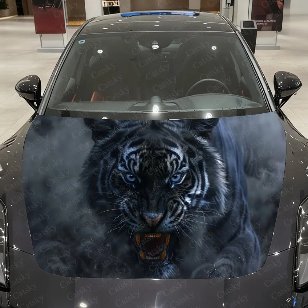 Dark Realm Black Tiger Car Vinyl Wrap, PVC Material Waterproof Car Hood Sticker, Self-Adhesive Scratch-Resistant Stickers for En