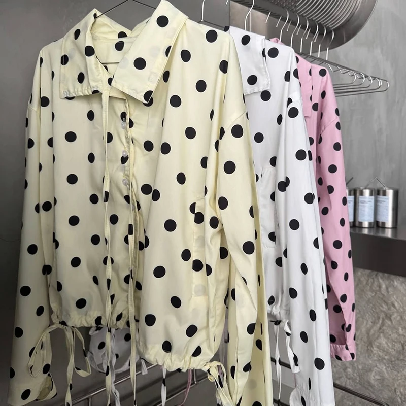 Vintage Polka Dot Cropped-Bluse mit Stehkragen, Krawatte am Hals, Kordelzug am Saum, lange Ärmel, lockere Tasche, lässiges Alltagshemd, 5 Farben – Detail 1