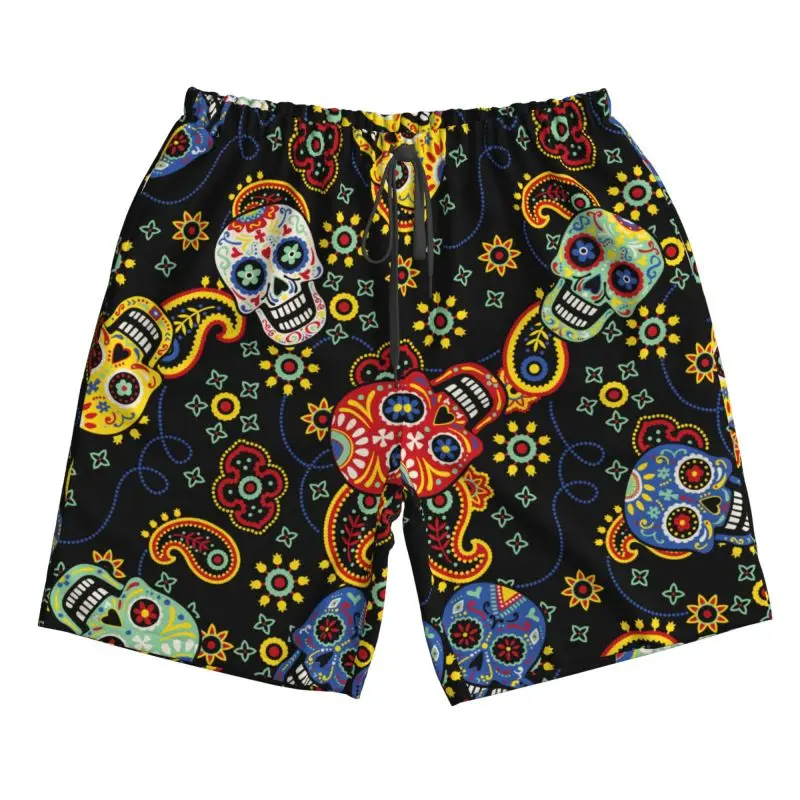 กางเกงขาสั้นเข้ามุมแบนเย็นสําหรับผู้ชายสีการ์ตูนโครงกระดูก, กางเกงขาสั้นยืดถนน, กางเกงขาสั้นชายหาดสไตล์กีฬาฤดูร้อนถนน