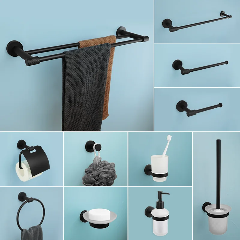 Matte Black Bathroom Hardware 304 Stainless Steel Towel Rack Toilet Paper Holder Liquid Soap Holder Towel Bar Toilet Accessories