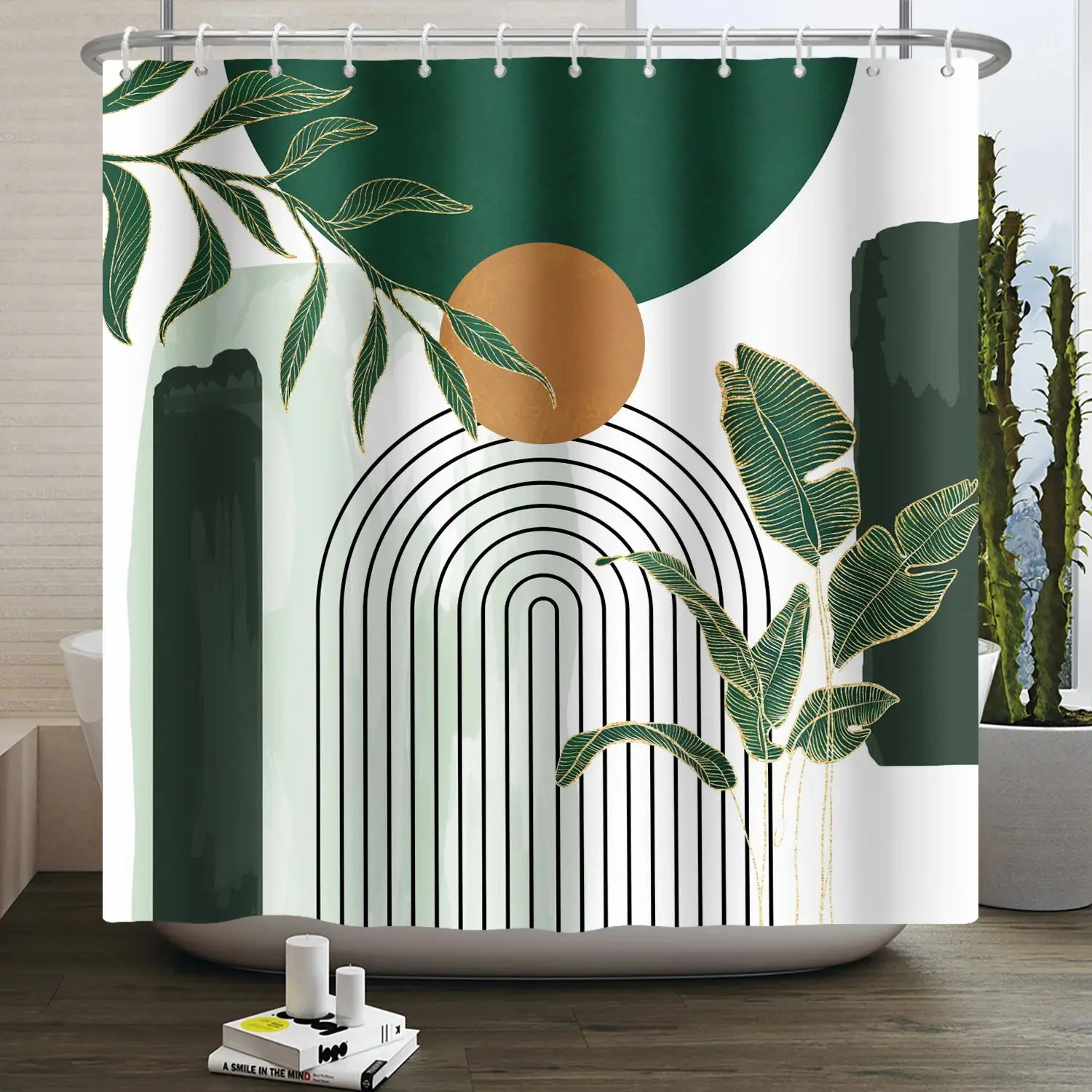 Mid Century Abstract Boho Shower Curtain Green Leaf Plant Modern Arch Sun Minimalist Nordic Waterproof Bathroom Bath Curtain