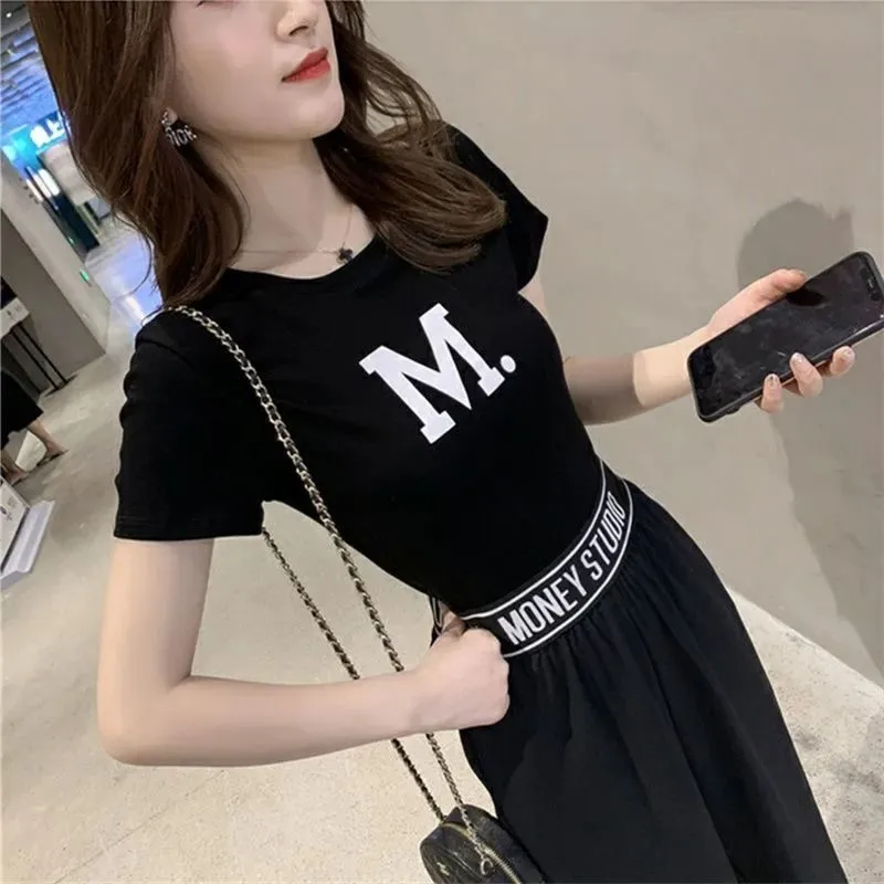 Conjunto casual de treino feminino, camiseta e calça Harlan, roupas femininas de estudante, tendência preta, 2 peças, verão