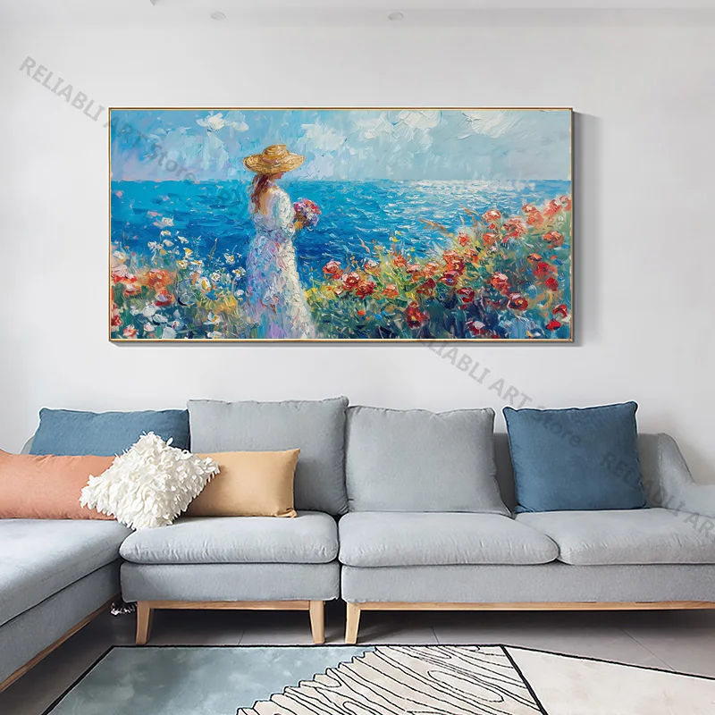 Modern Posters Woman White Dress Straw Hat Standing Field Flowers,Print Canvas Painting,Wall Art Home Decor Picture Unframed