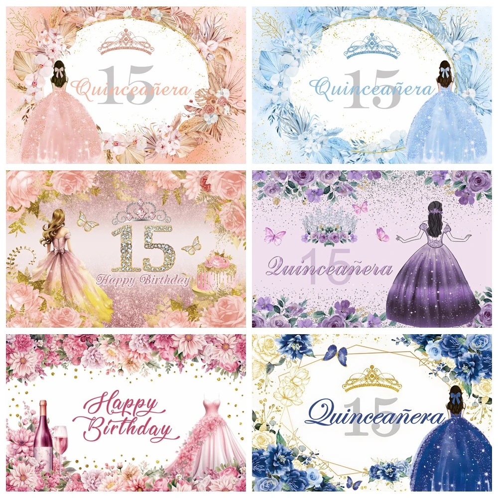 

Sweet 15th Birthday Backdrop for Girls Fifteen Years Old Pink Rose Quinceañera Princess Customized Party Decor Photo Background