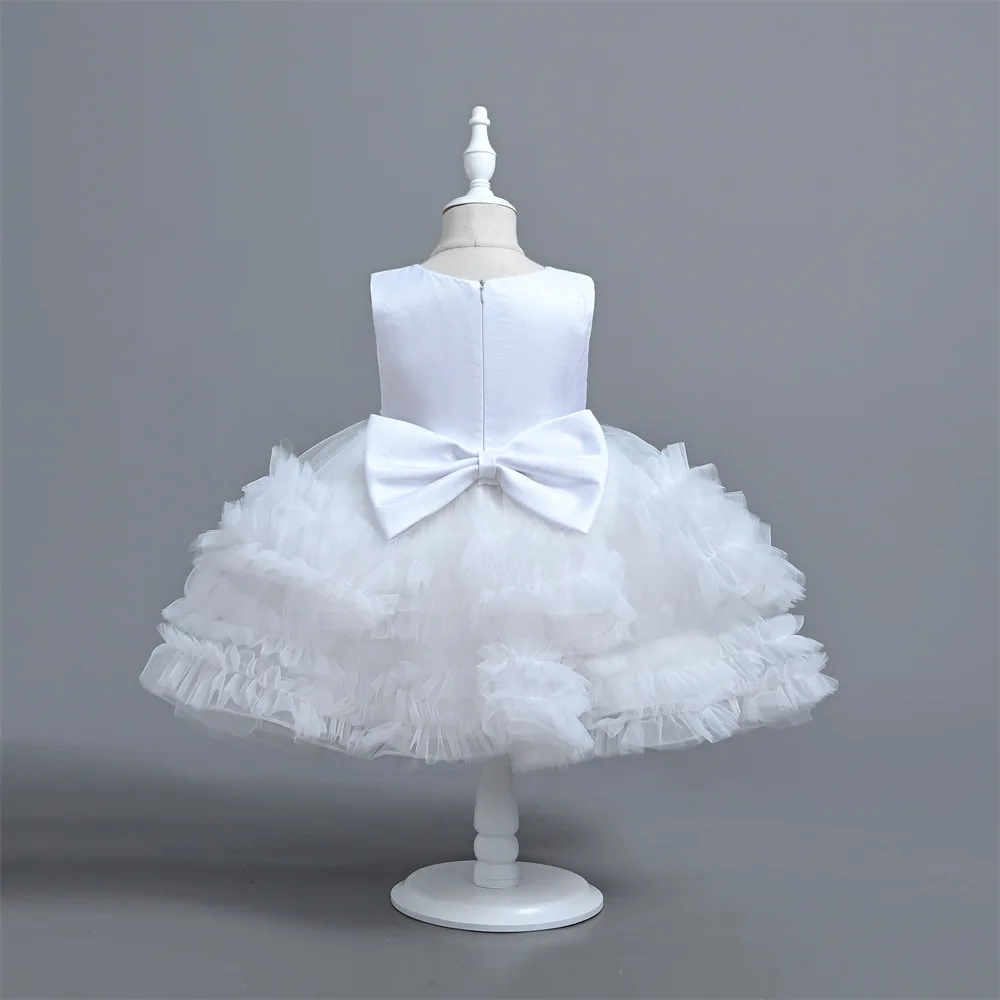 Joelho Tutu para menina flor, vestido de baile branco, roupa bonito, roupas infantis, primeira festa de aniversário