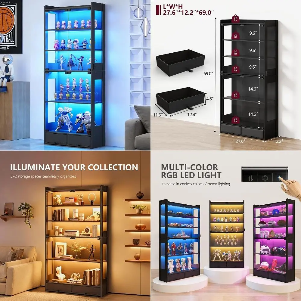 Full Vision Display Cabinet 72 Glass Showcase with LED Light, Adjustable Shelves, Locking Sliding Doors Retail Display Counter