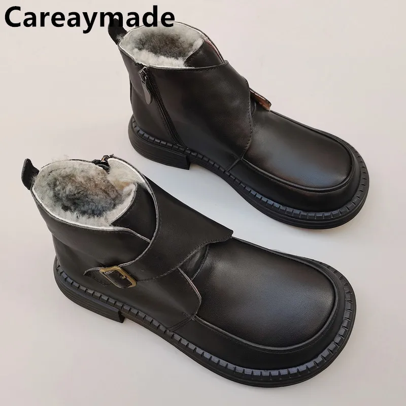 Careaymade-100% Genuine leather men's large head wide version obese foot single short boots,business Casual  wool warm shoes