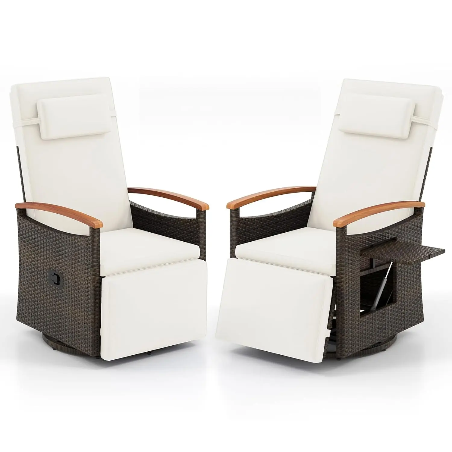 

Swivel Recliner Chair Rattan Adjustable Backrest Footrest Wood Armrest Side Table Cushion Patio 2pcs White, Customized