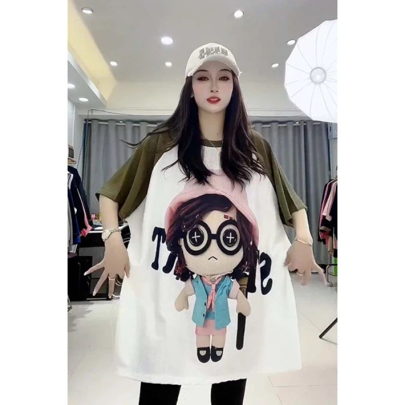 Plus Size 150kg Cartoon Character Print Women's T-shirt Spliced Shoulder Sleeves Street Trendy Tee 2024 New Summer Lady Tops Y2k