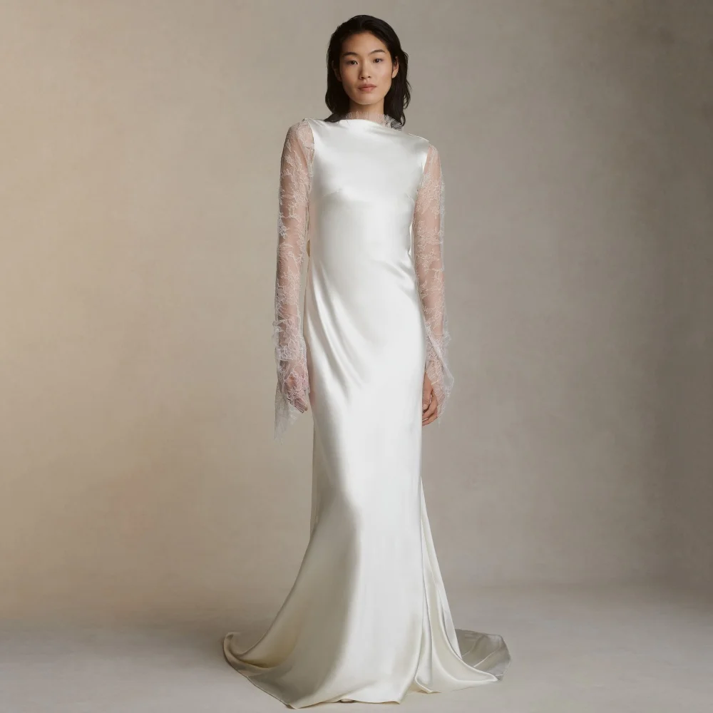 Classic Customized Wedding Dress Backless Tank Straight Bride Desses Lace Gowns Simple Sweep Train Vestidos De Novia