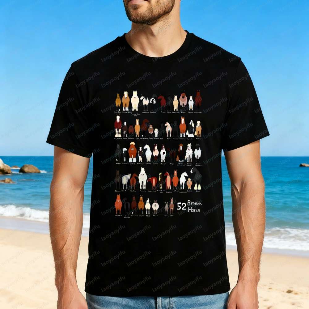 Cute Horse Breeds Illustration Design Cotton Tshirt Casual Horse Lover Tops Minimalist Equestrian Trend Summer Clothes for Men's
