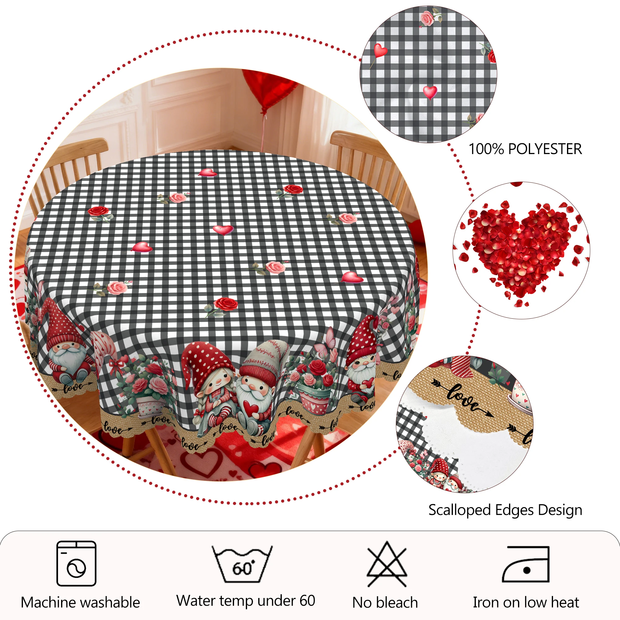 قطعة واحدة من مفرش المائدة المطبوع بطابع عيد الحب، قزم، منقوشة الجاموس، تصميم بنمط قلب، مناسب لعيد الحب، موسم الزفاف للربيع والصيف، نزهة الذكرى السنوية، تجمعات العطلات، مفرش المطبخ للاستخدام الداخلي والخارجي، الفراغات، مقاسات متعددة، متوفرة