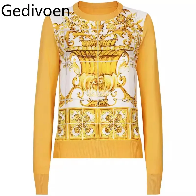 

Gedivoen Autumn Winter Fashion Runway Designer Women's Round neck Long-Sleeved Elegant Baroque print Knitted wool sweater