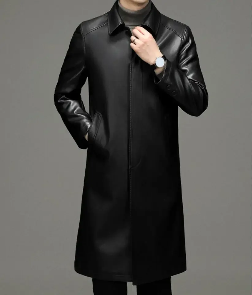 

Autumn Winter Men Genuine Leather Coats, Sheepskin Trench, Dust Coat, Lapels Jacket, long Business Casual, S-4XL