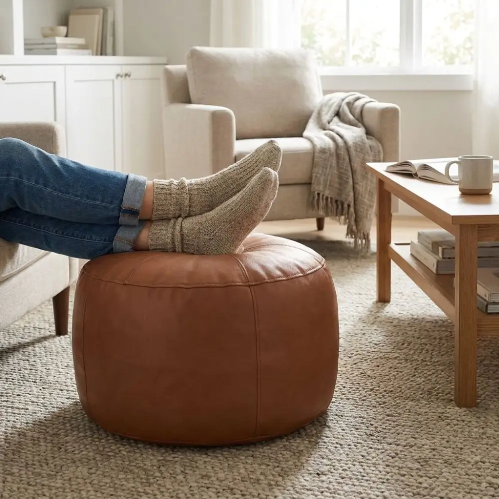 Multi-functional PU Leather Seat Cushion Cover Waterproof Large Capacity Pouf Cover Round Minimalist Storage Bench Cover Bedroom