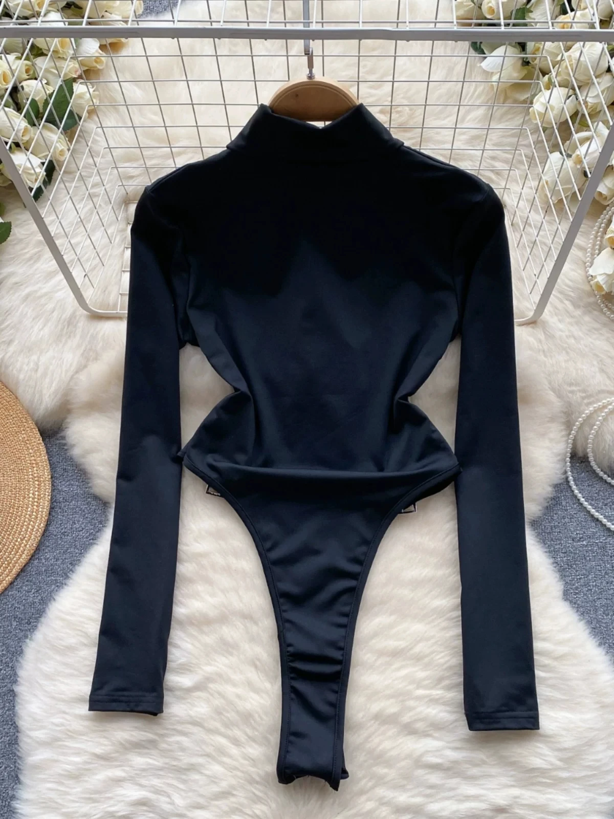 Vintage Black Bodysuit Women Zipper Mock Neck Slim Long Sleeve Stretchy Jumpsuit Top T-shirt Motor Style Spring Autumn 63927