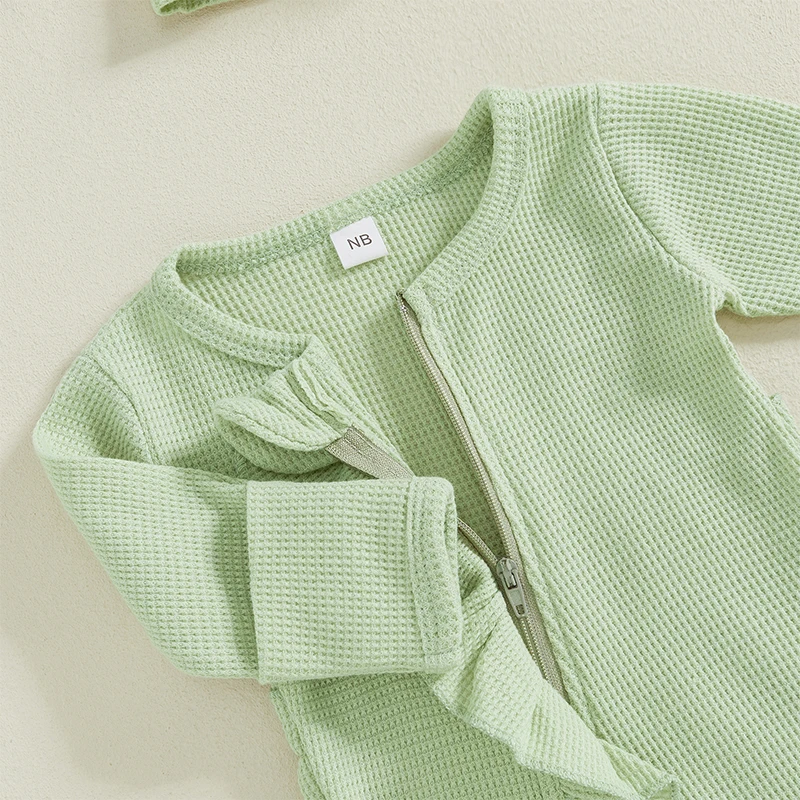 Baby Girl Fall Outfit Ruffle Trim Long Sleeve Full Length Zipper Footed Romper Bow Headband image 2