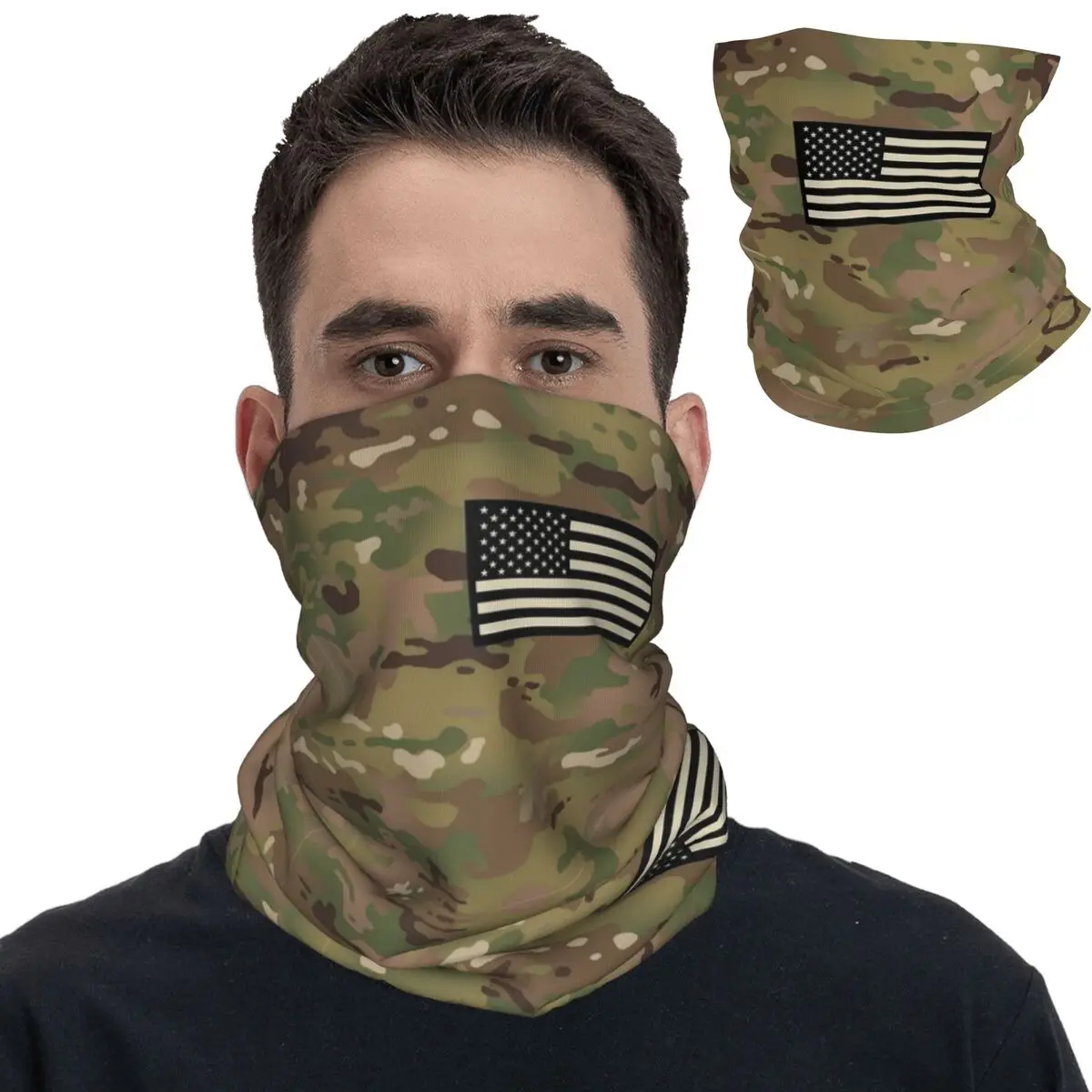 U.S. Flag Woodland Camo Bandana Neck Cover Printed Mask Scarf Warm Headband Outdoor Sports Unisex Adult All Season