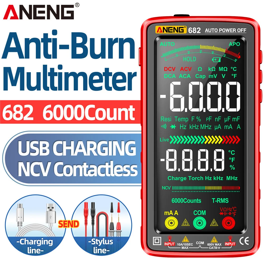 ANENG 682 Digitales Multimeter 6000 Anzeigen VA Reverse-Display AC/DC Spannung Strom Temperatur Tester NCV-Detektor USB Wiederaufladbar Mult
