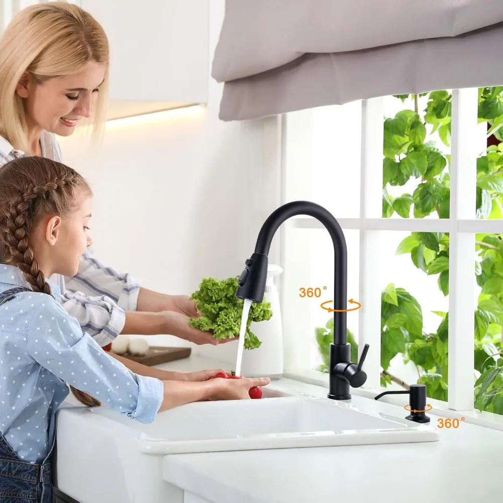 WOWOW Black Kitchen Faucet with Soap Dispenser, Stainless Steel Kitchen Sink Faucet, Matte Black Kitchen Faucet Single Handle