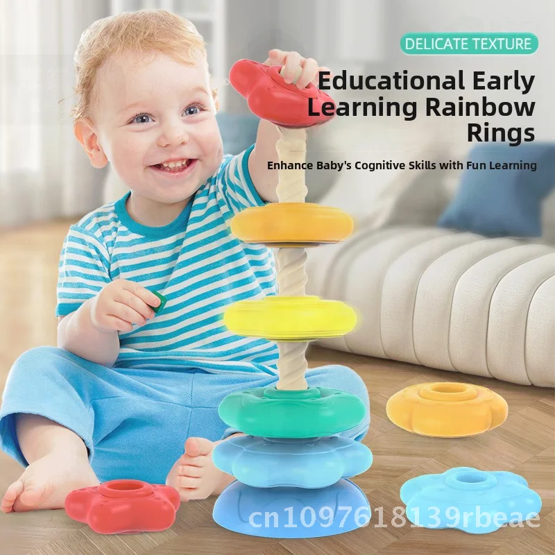 Educational Rainbow Rotating Tower Stacking Toy with Music for Babies 1-2 Years Old Early Learning Color & Shape Development