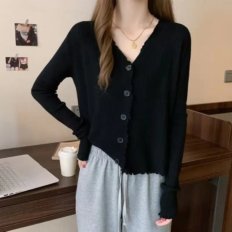 Early Autumn Fashion Versatile Slim Long Sleeve V-Neck with Wooden Ear Edge Knitted Cardigan