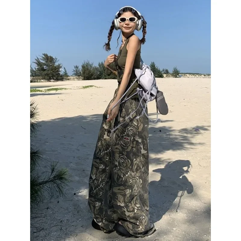 QWEEK Y2k Oversize Camouflage Cargo Pants Woman Baggy Casual Harajuku America Style Trousers Summer High Waist Gyaru Pantalones