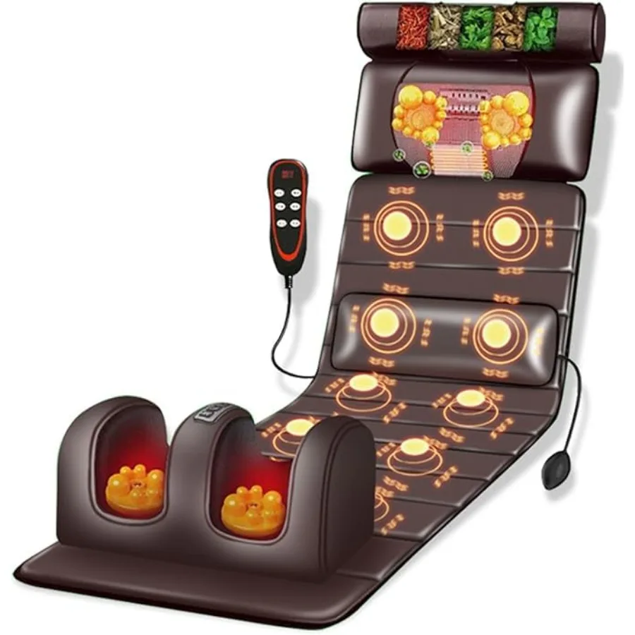 Ganzkörper-Massagematte mit Wärme und Vibration 10-Knoten Rückenmassagegerät mit Fußroller Nackenkissen Mehrzonen-Heizmatte für Muskeln
