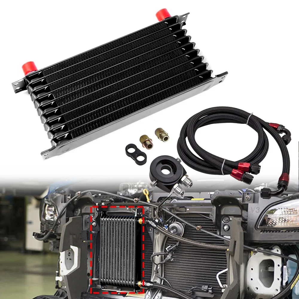 Universal Engine Transmission 10row Stacked-plate Oil Cooler Kit +Oil Filter Sandwich Adapter+ An10 Stainless Steel Braided Hose