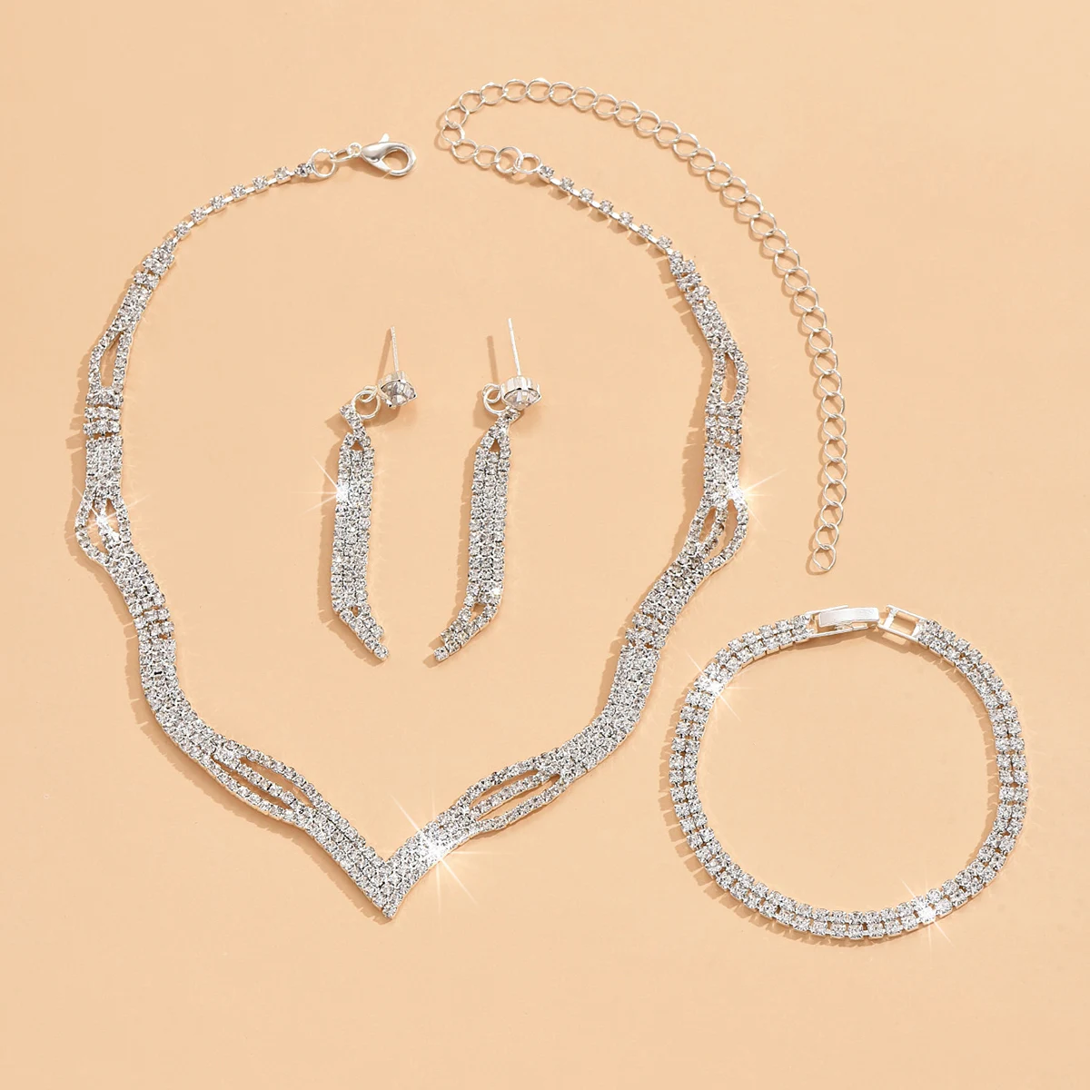 Set di gioielli da donna alla moda da 4 pezzi con collane di strass, orecchini, bracciali, accessori da sposa da sposa