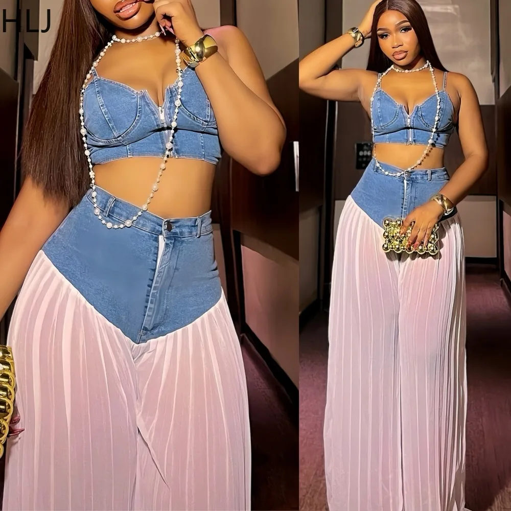 

HLJ Sexy Ruched Patchwork 2 Pieces Set for Woman Spaghetti Strap Backless Crop Top + High Waist Pants Female Streetwear Clothing