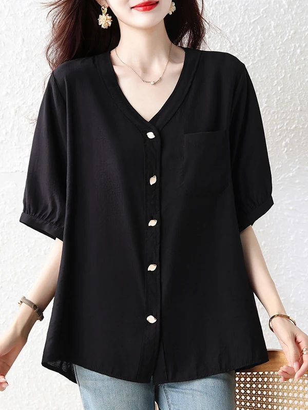 

Authentic Summer New Style Loose Slimming Design V-Neck Shirt Women's Fashionable Top Polyester Fiber Short Sleeve Regular Le...