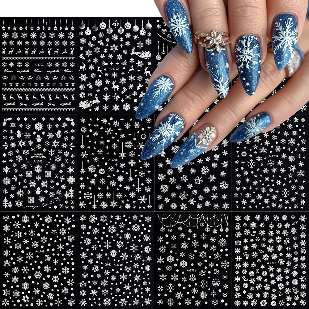 12pcs/Set 3D Snowflake Nail Art Decals White Christmas Designs Self Adhesive Stickers Winter New Year Nail Art Decoration NLS189