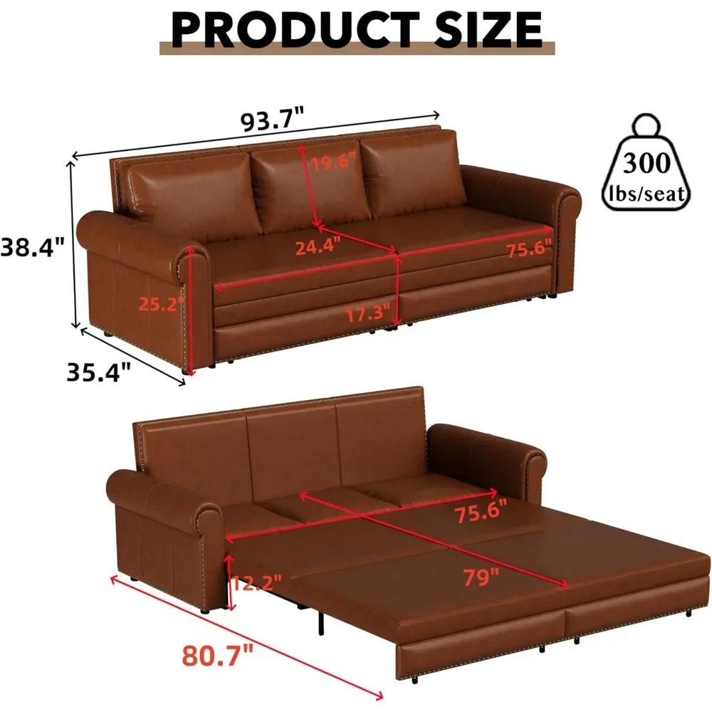 أريكة سرير بحجم كينج مقاس 93.7 بوصة أريكة قابلة للسحب من الجلد الصناعي 3 في 1 أثاث غرفة المعيشة قابل للتحويل