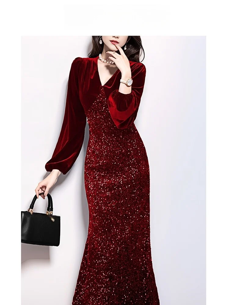 

Velvet long-sleeved cinched waist sequined long dress fishtail