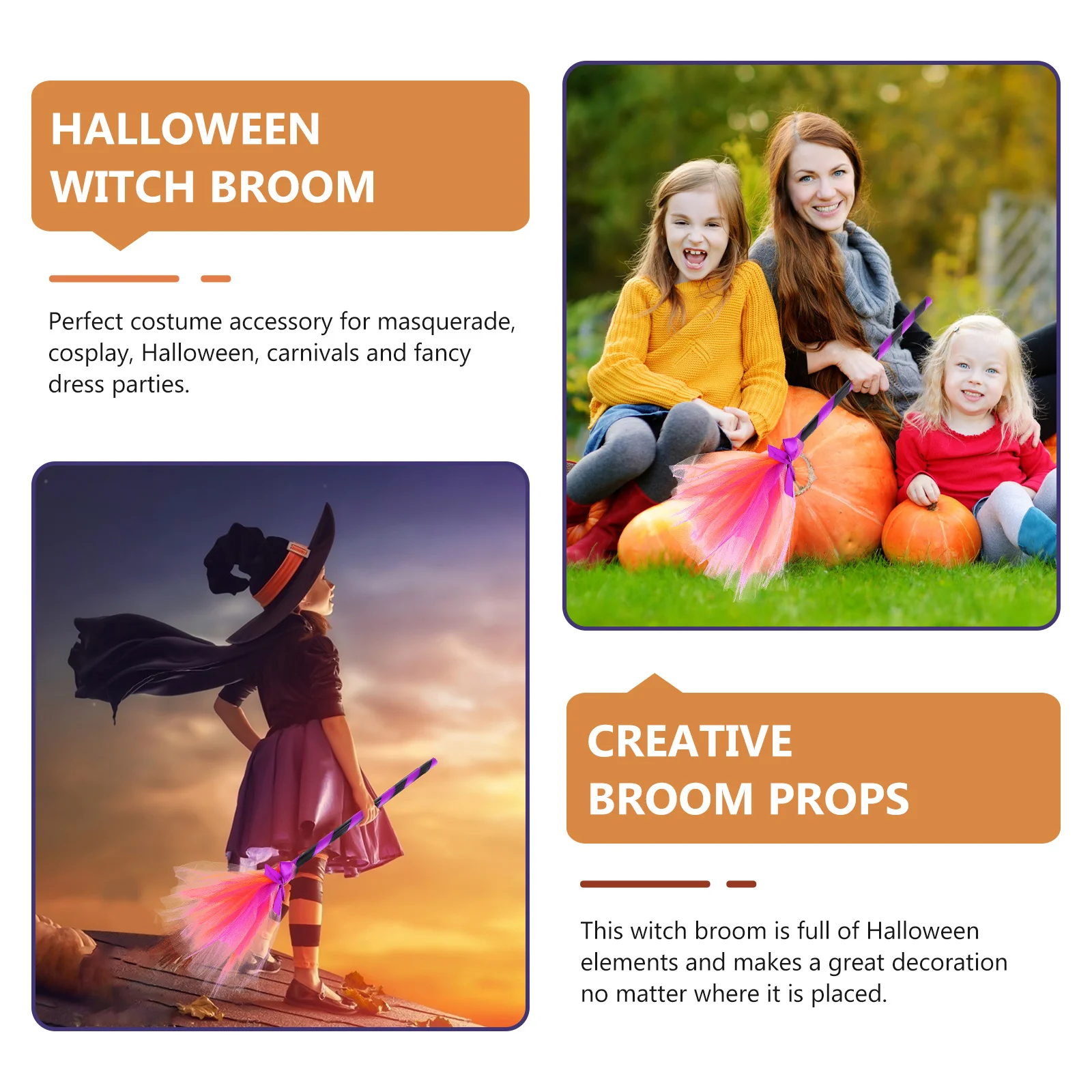 Balai de sorcière pour fête d'Halloween, usage décoratif, accessoire de balai en plastique en fil de qualité supérieure, idéal pour enfants et adultes, fête costumée, carnaval