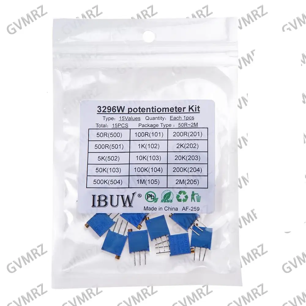 15PCS 15Values 3296W Potentiometer Kit (50R-2MΩ) for High-Precision Circuit Debugging & Electronic Device Calibration 50R 100R