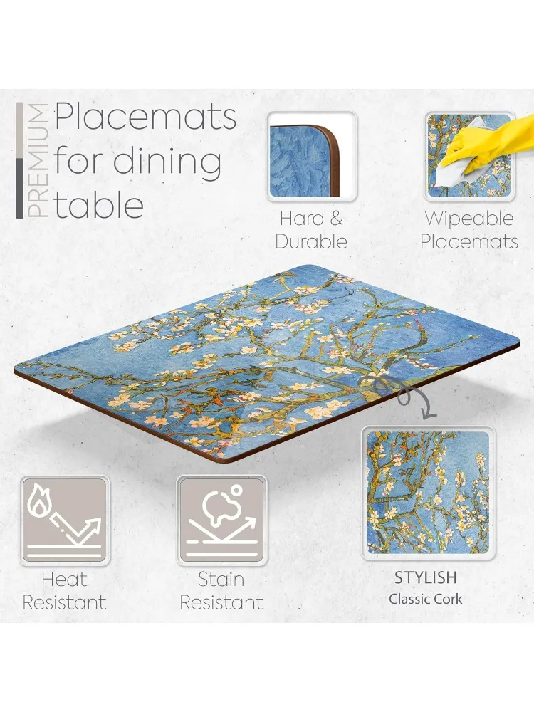 Set of 4 Heat Resistant Cork Placemats for Dining Table with Free Set of 4 Matching Drink Coasters Van Gough Blue Botanical