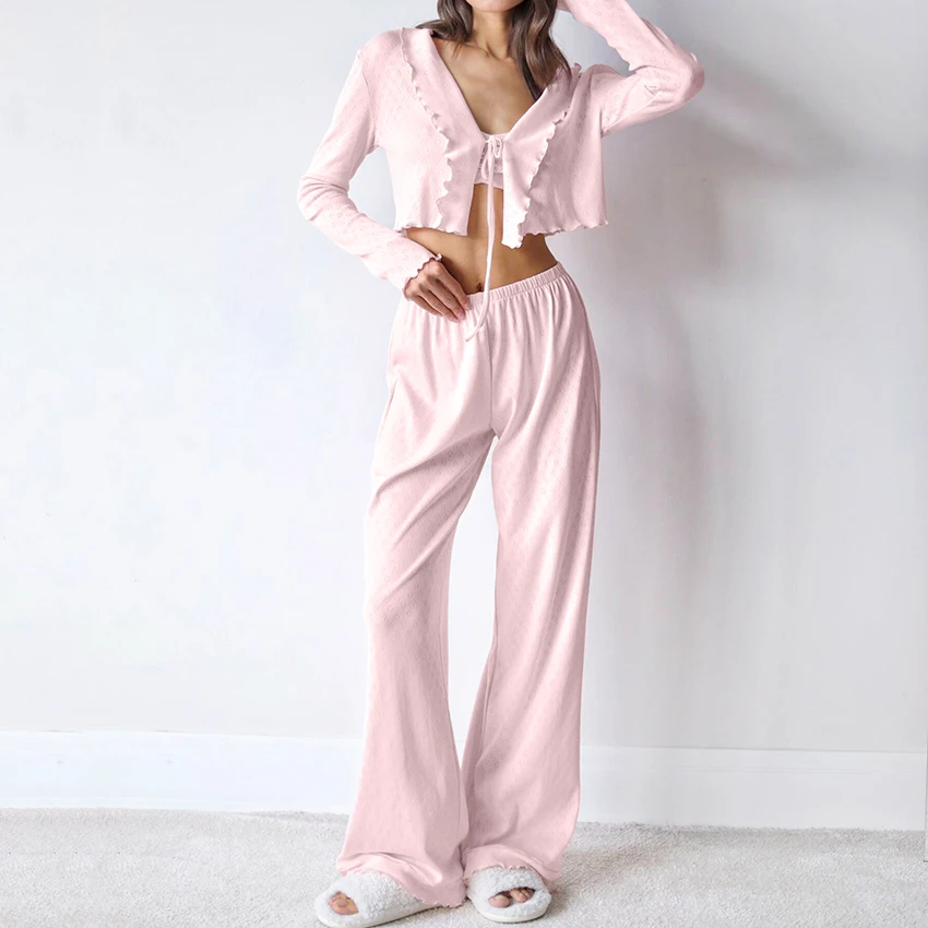 

Hiloc Elegant Knit Crop Top Pajama 3 Piece Sexy Spaghetti Strap Vest With Elastic Waist Pants Nightgown Home Lace Up Sets 2025