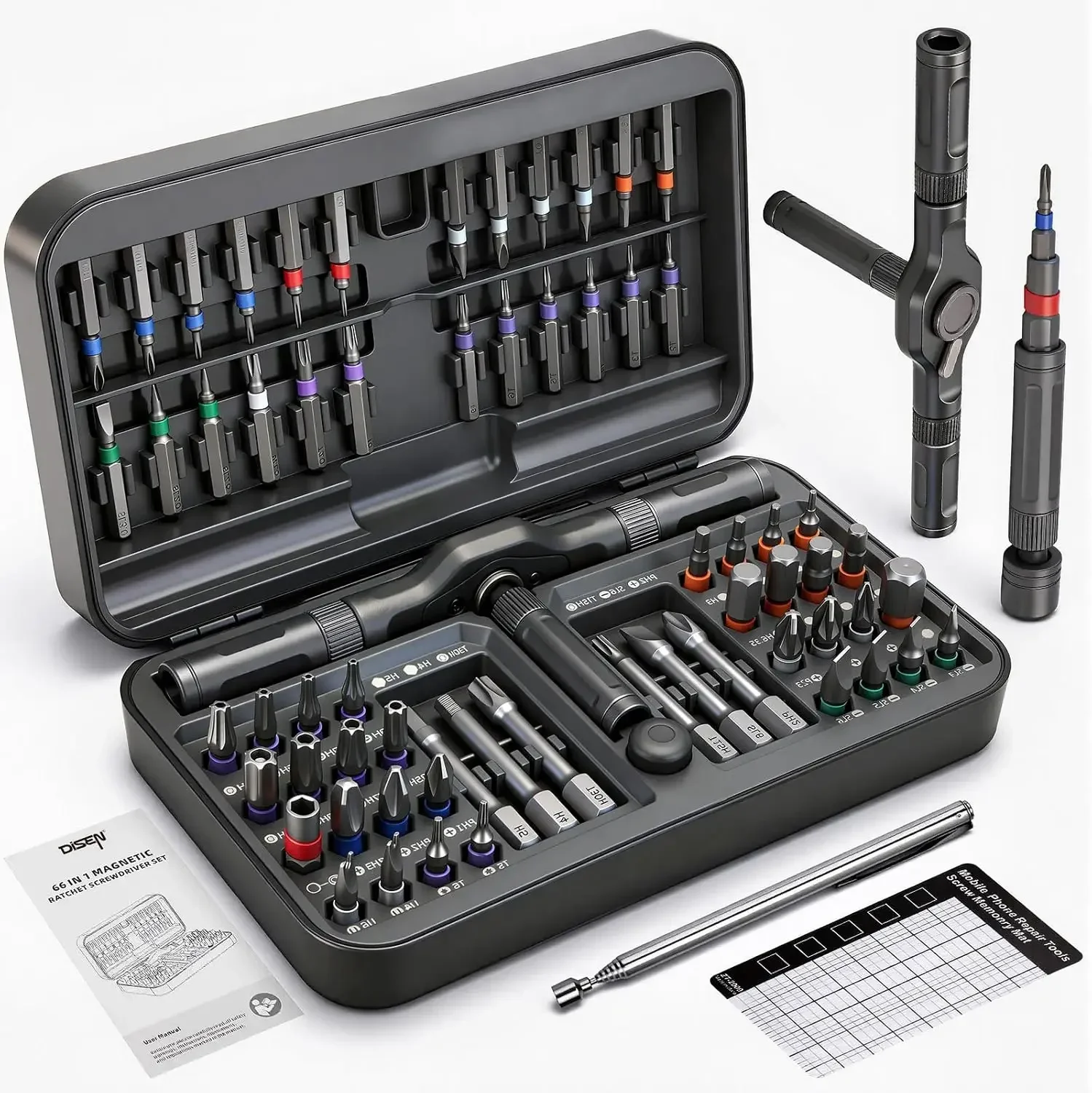 68 in 1 Ratcheting Screwdriver Set, 58-Tooth T-Handle with Magnetic Pickup  Pad, 42 S2 Steel Bits, Magnetic Case, Repair Kit for Electronics, Laptop, PC, Game Console, Furniture, Bike
