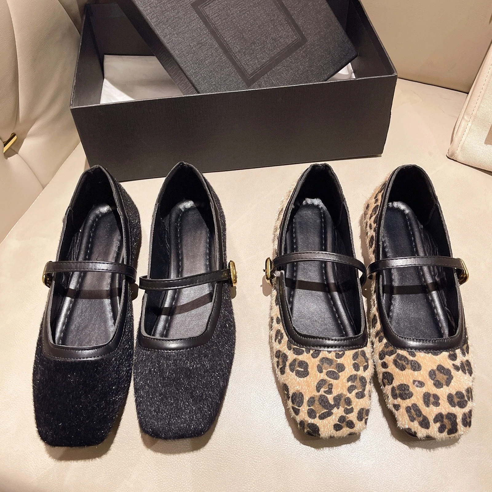 

Designer Spring Autumn Women Leopard Shoes Fashion Shallow Buckle Ladies Flats Shoes Square Toe Women's Mary Jane Shoes