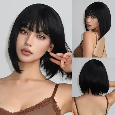 여성용 짧은 스트레이트 밥 가발 블랙 브라운 합성 천연 헤어 가발(뱅 포함) 내열성 코스프레 매일 사용 헤어