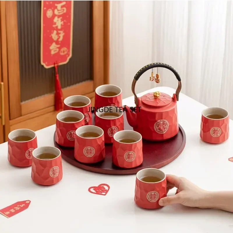 

High end Chinese ceramic tea set red handmade tea cup bamboo tray home wedding tea set holiday gift