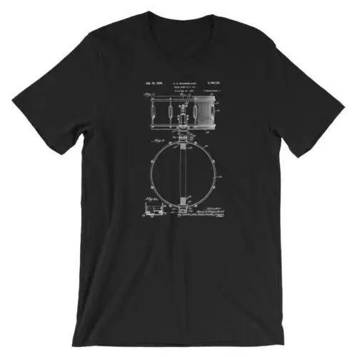 Snare-Drum Patent T-Shirt. Snare-Drum Shirt 100% Soft Cotton Tee on Black, Red