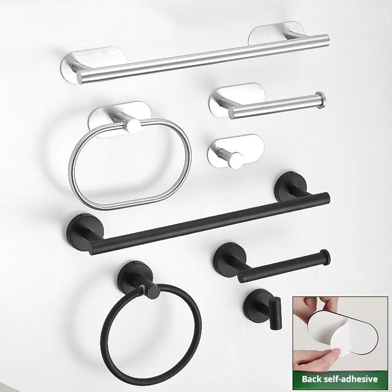 4pcs Bathroom Punch-free Towel Bar Set Stainless Steel Bathroom Hardware Wall-mounted Towel Rack Hook Tissue Holder