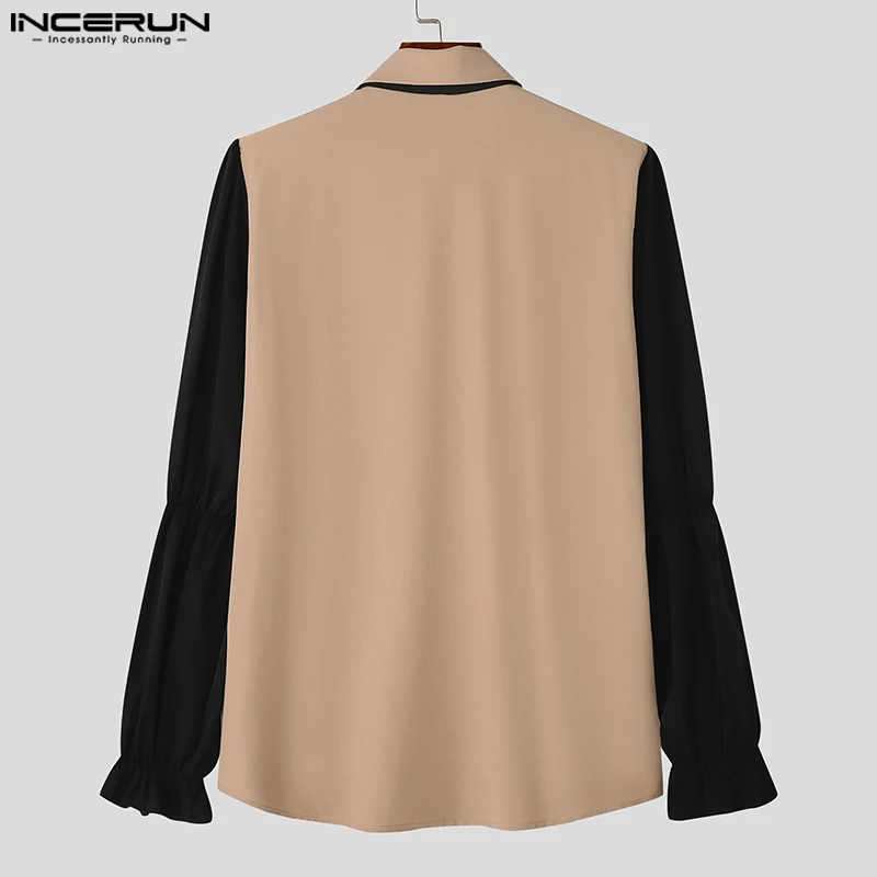 INCERUN Tops 2024 American Style Men\'s Fashion Contrast Bow Design Shirts Streetwear Personality Male Long Sleeved Blouse S-5XL