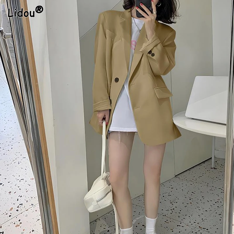 Spring Summerthin Loose Office Lady Fashionable Solid Color Blazers Button Pockets Notched Women's Clothing Long Sleeve Sweet