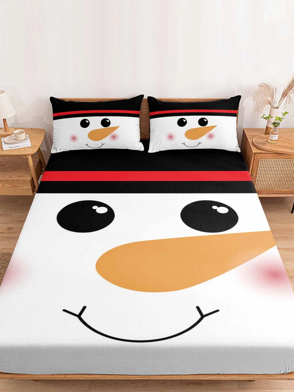 Christmas Snowman Shy Smile Cute Face Queen Size Bed Mattress Fitted sheet Elastic Rubber Band Non-slip Bed Sheet Pillowcase Set